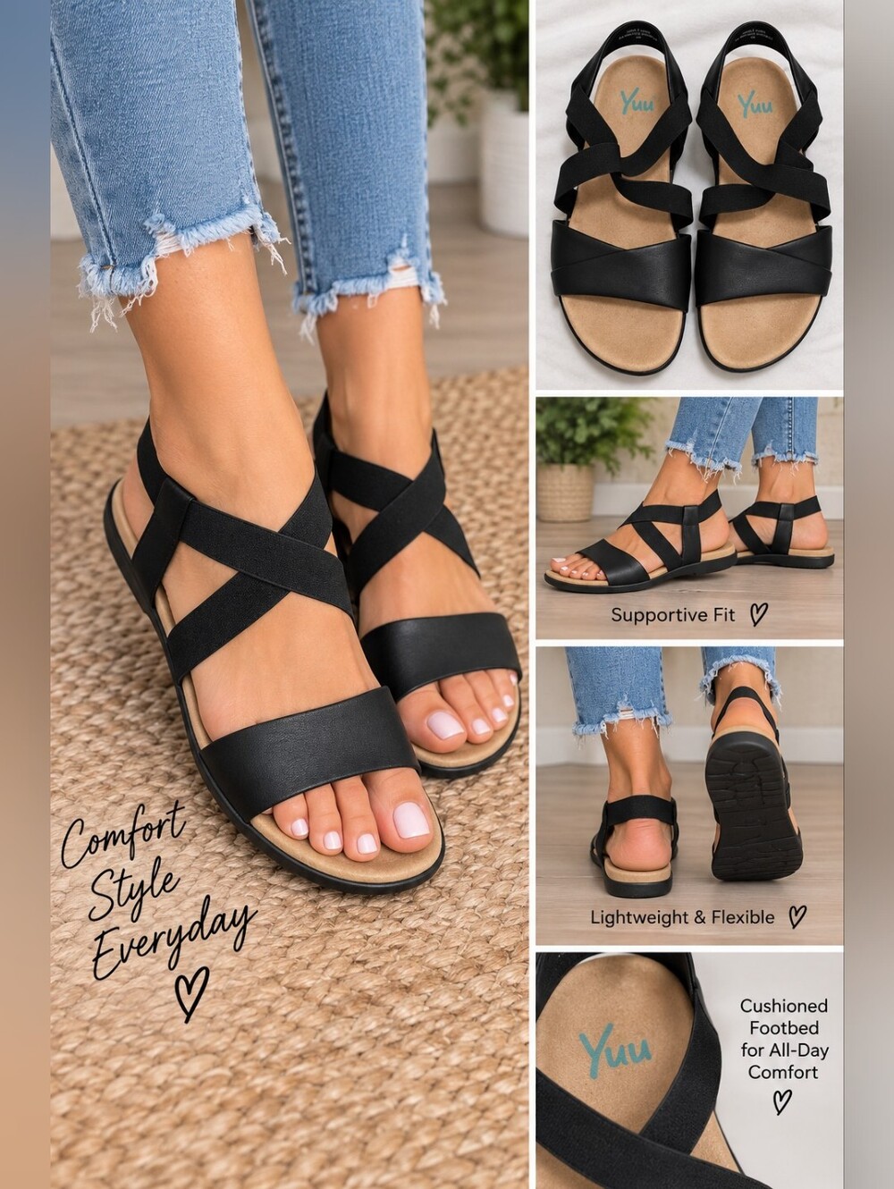 YUU women's 6.5 wide black strap sandals #26